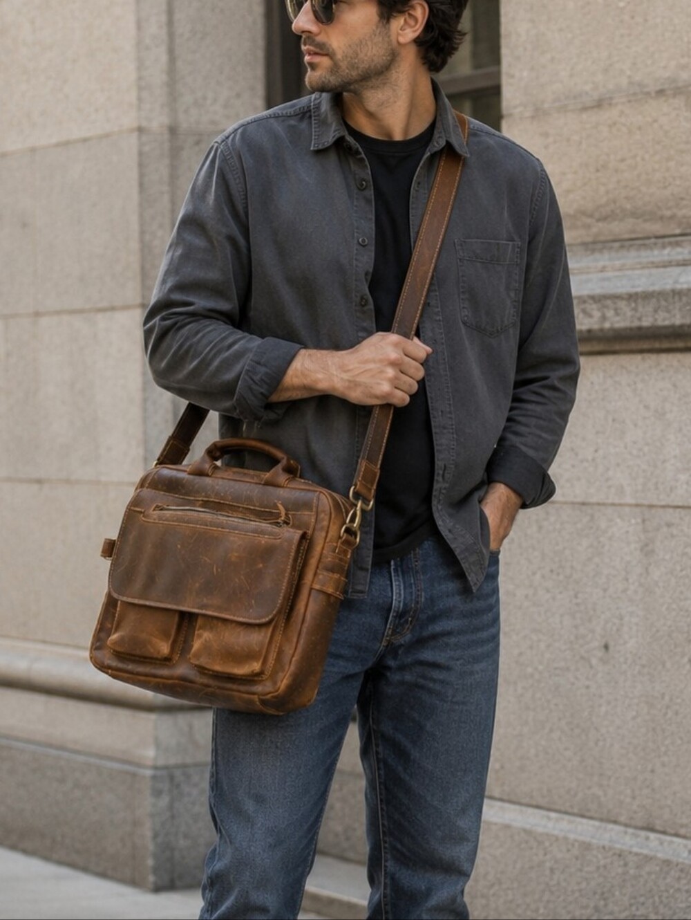 Kattee Vintage Full Grain Leather Messenger Laptop Briefcase Cognac  Bag